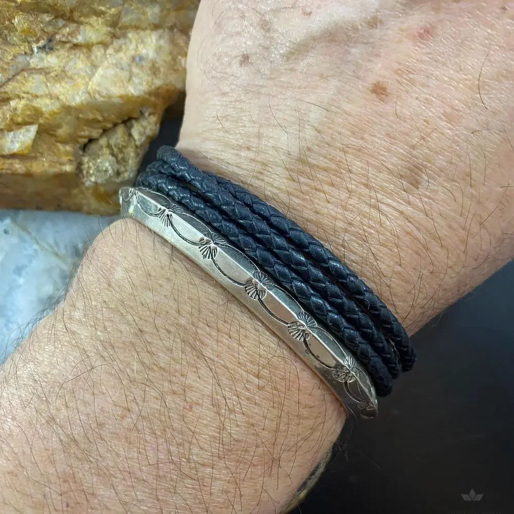 Vintage Signed Native American Sterling Silver Solid Carinated Bracelet For Men - Picture 2 of 10